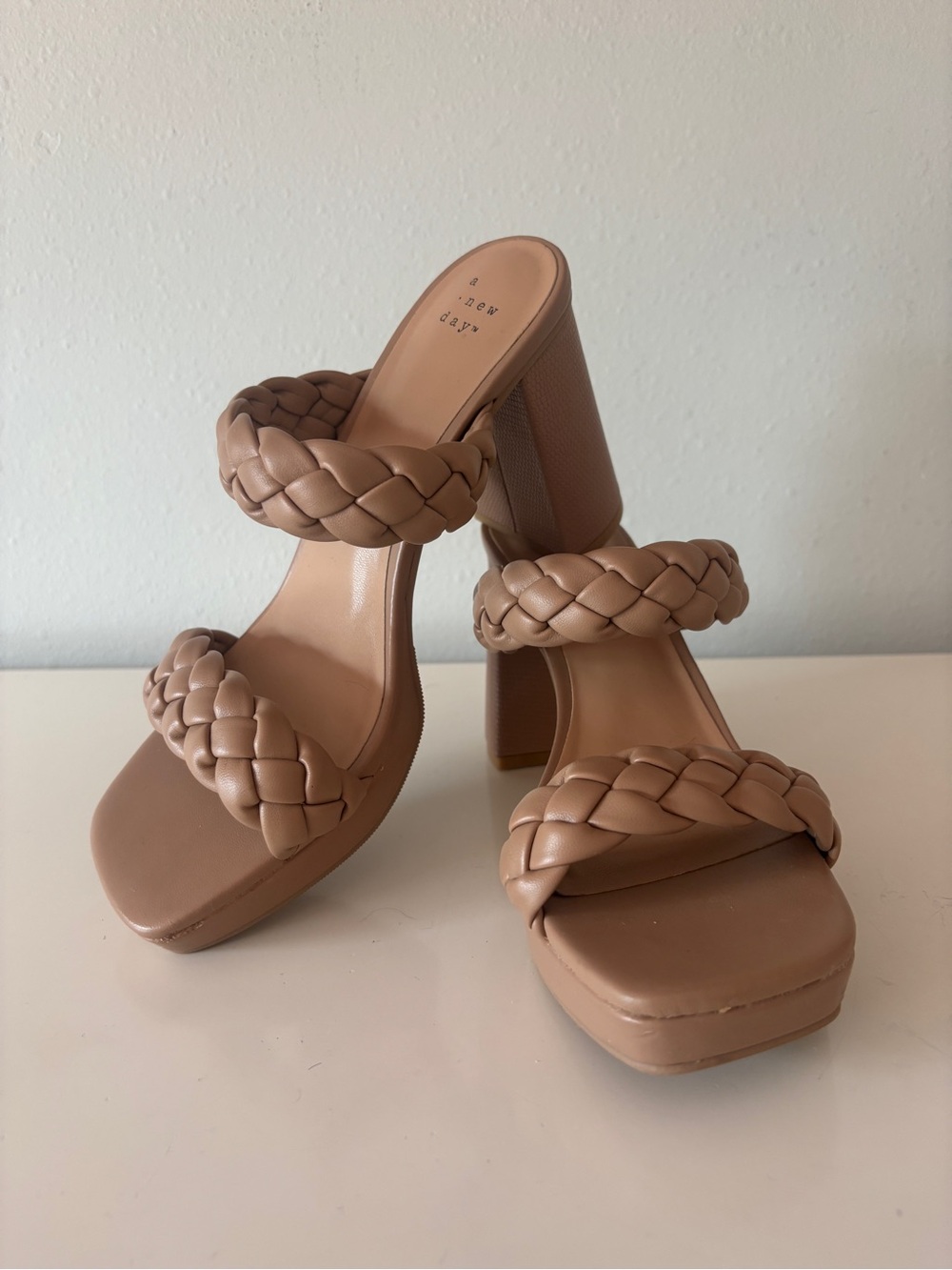 a new day Braided Double-Strap Block Heel Sandals - Nude Tan